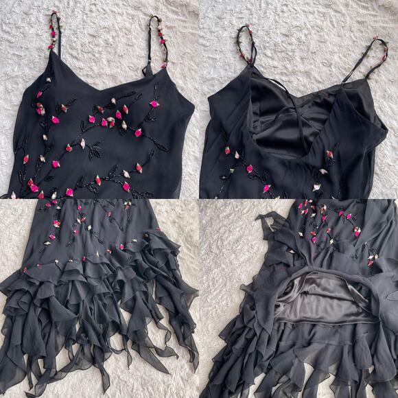 Cache silk rosette beaded slip dress prom gown ruffle formal cocktail floral M - Picture 12 of 16